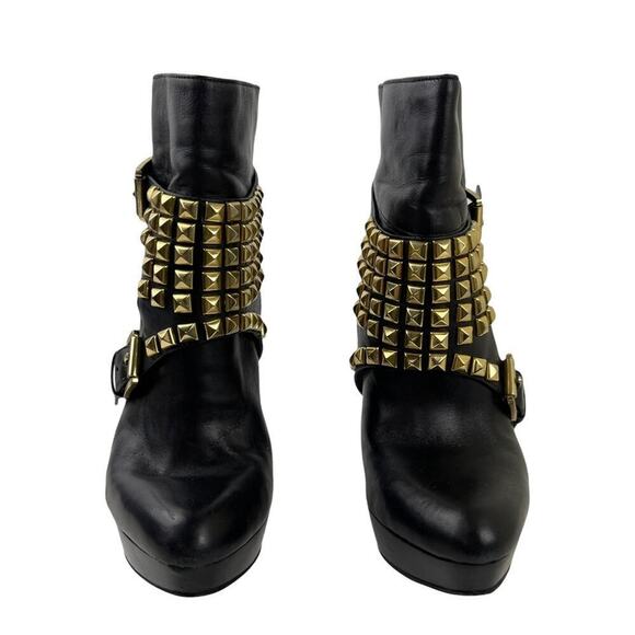Michael Kors Rock and Roll Black Leather Gold Studs Harness Booties Boots 7M - Picture 11 of 15